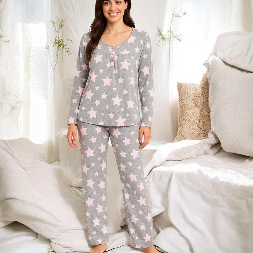 NEW Bestbee Women’s Lounge Sleepwear M Gray Pink Star Print Top & Pants Pockets